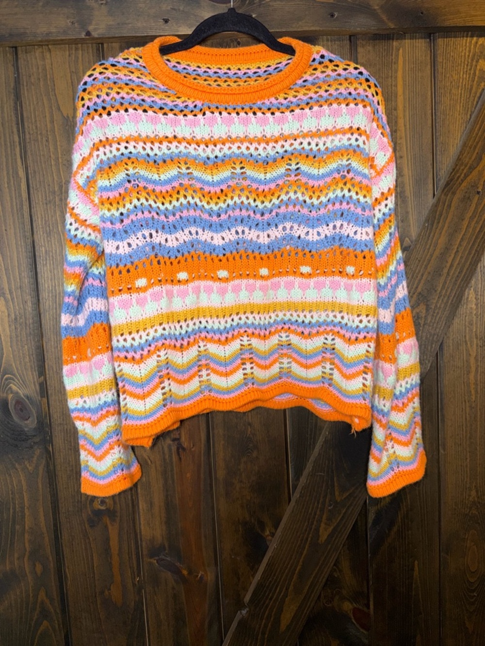 Multicolor Open-Knit Crewneck Sweater in Orange Accent